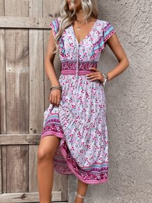 SHEIN VCAY Allover Floral Print Ruffle Trim Tie Front Shirred Waist Dress - Multicolor - View 3