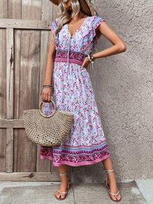 SHEIN VCAY Allover Floral Print Ruffle Trim Tie Front Shirred Waist Dress - Multicolor - View 4