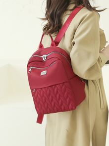Quilted Metal Decor Functional Backpack - Red - View 2