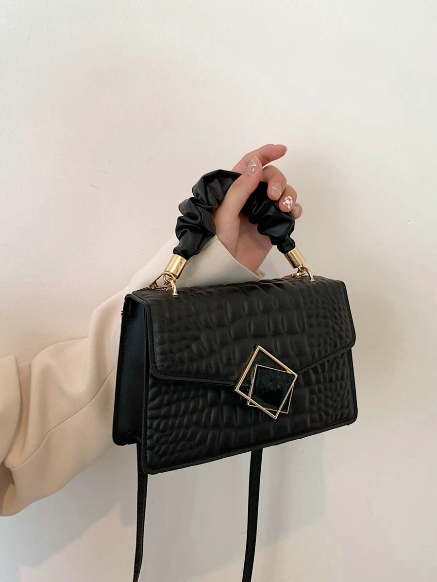 Crocodile Embossed Ruched Top Handle Flap Square Bag - Black - View 1