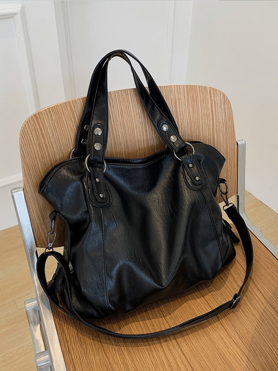 Đúng mốt Màu thuần Retro Dung lượng lớn Của phụ nữ Túi đeo vai Đối với Mùa thu Và Mùa Đông - màu đen - Xem 1