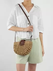 Hollow Out Design Straw Bag - Camel - View 1