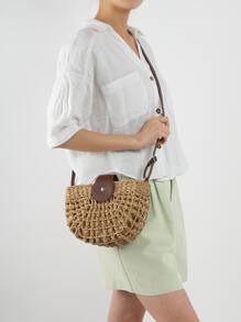Hollow Out Design Straw Bag - Camel - View 4