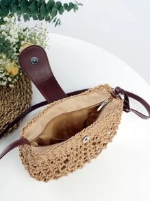Hollow Out Design Straw Bag - Camel - View 6