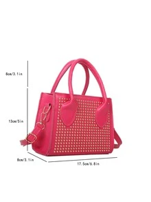 Bolsa cuadrada mini neón rosado con diseño de tachuela - Rosa Fucsia - Ver 3