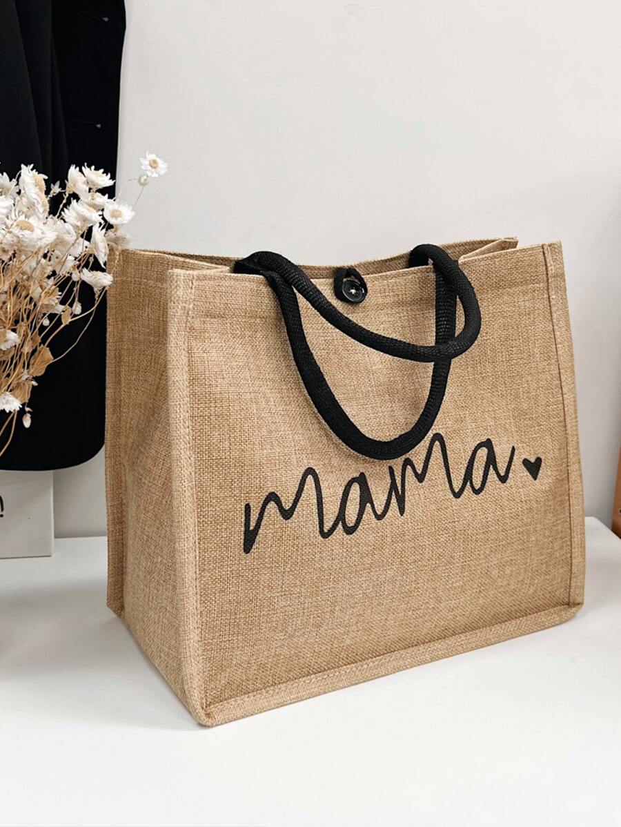 Letter Graphic Linen Shopper Bag,School Bag,Large Capacity,Portable,For Teen Girls Women College Students,White-Collar Workers,Perfect For Work,Back To School,Middle School,High School,College,Vacation,Beach - Khaki - View 1