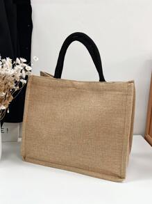 Letter Graphic Linen Shopper Bag,School Bag,Large Capacity,Portable,For Teen Girls Women College Students,White-Collar Workers,Perfect For Work,Back To School,Middle School,High School,College,Vacation,Beach - Khaki - View 3