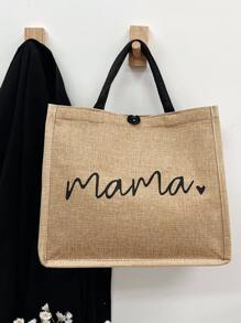 Letter Graphic Linen Shopper Bag,School Bag,Large Capacity,Portable,For Teen Girls Women College Students,White-Collar Workers,Perfect For Work,Back To School,Middle School,High School,College,Vacation,Beach - Khaki - View 5