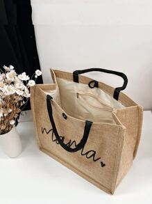 Letter Graphic Linen Shopper Bag,School Bag,Large Capacity,Portable,For Teen Girls Women College Students,White-Collar Workers,Perfect For Work,Back To School,Middle School,High School,College,Vacation,Beach - Khaki - View 6