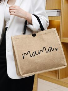 Letter Graphic Linen Shopper Bag,School Bag,Large Capacity,Portable,For Teen Girls Women College Students,White-Collar Workers,Perfect For Work,Back To School,Middle School,High School,College,Vacation,Beach - Khaki - View 8