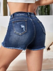 Ripped Raw Hem Denim Shorts - Dark Wash - View 2