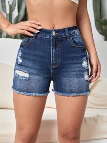 Ripped Raw Hem Denim Shorts - Dark Wash - View 3
