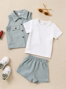 Baby Boy Flap Detail Shirt & Tee & Shorts - Multicolor - View 1