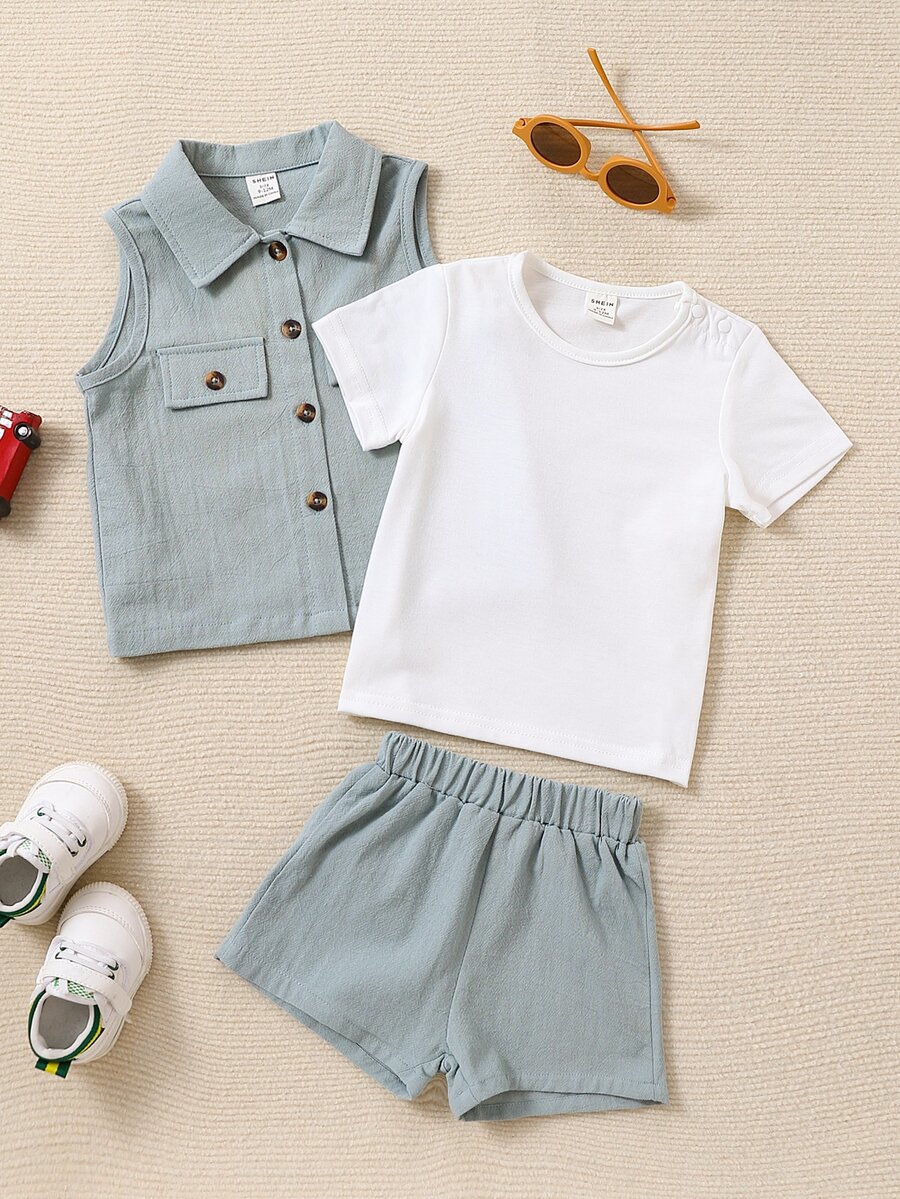 Baby Boy Flap Detail Shirt & Tee & Shorts - Multicolor - View 1