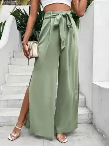 SHEIN VCAY Split Thigh Belted Wide Leg Trousers - Mint Green - View 1