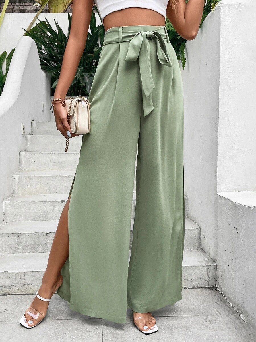 SHEIN VCAY Split Thigh Belted Wide Leg Trousers - Mint Green - View 1