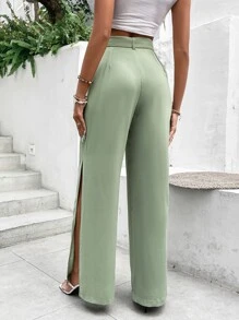 SHEIN VCAY Split Thigh Belted Wide Leg Trousers - Mint Green - View 2