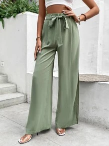 SHEIN VCAY Split Thigh Belted Wide Leg Trousers - Mint Green - View 4