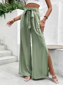 SHEIN VCAY Split Thigh Belted Wide Leg Trousers - Mint Green - View 5