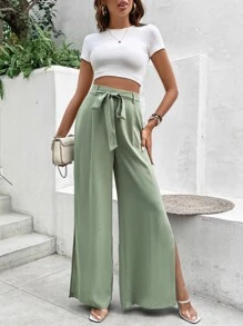 SHEIN VCAY Split Thigh Belted Wide Leg Trousers - Mint Green - View 6