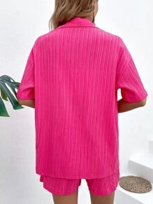 Breezaya Bộ đồ hai mảnh nữ Túi Nút phía trước màu trơn Giải trí - Màu Hồng Tươi - Xem 2