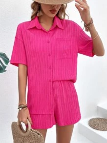 Breezaya Bộ đồ hai mảnh nữ Túi Nút phía trước màu trơn Giải trí - Màu Hồng Tươi - Xem 5