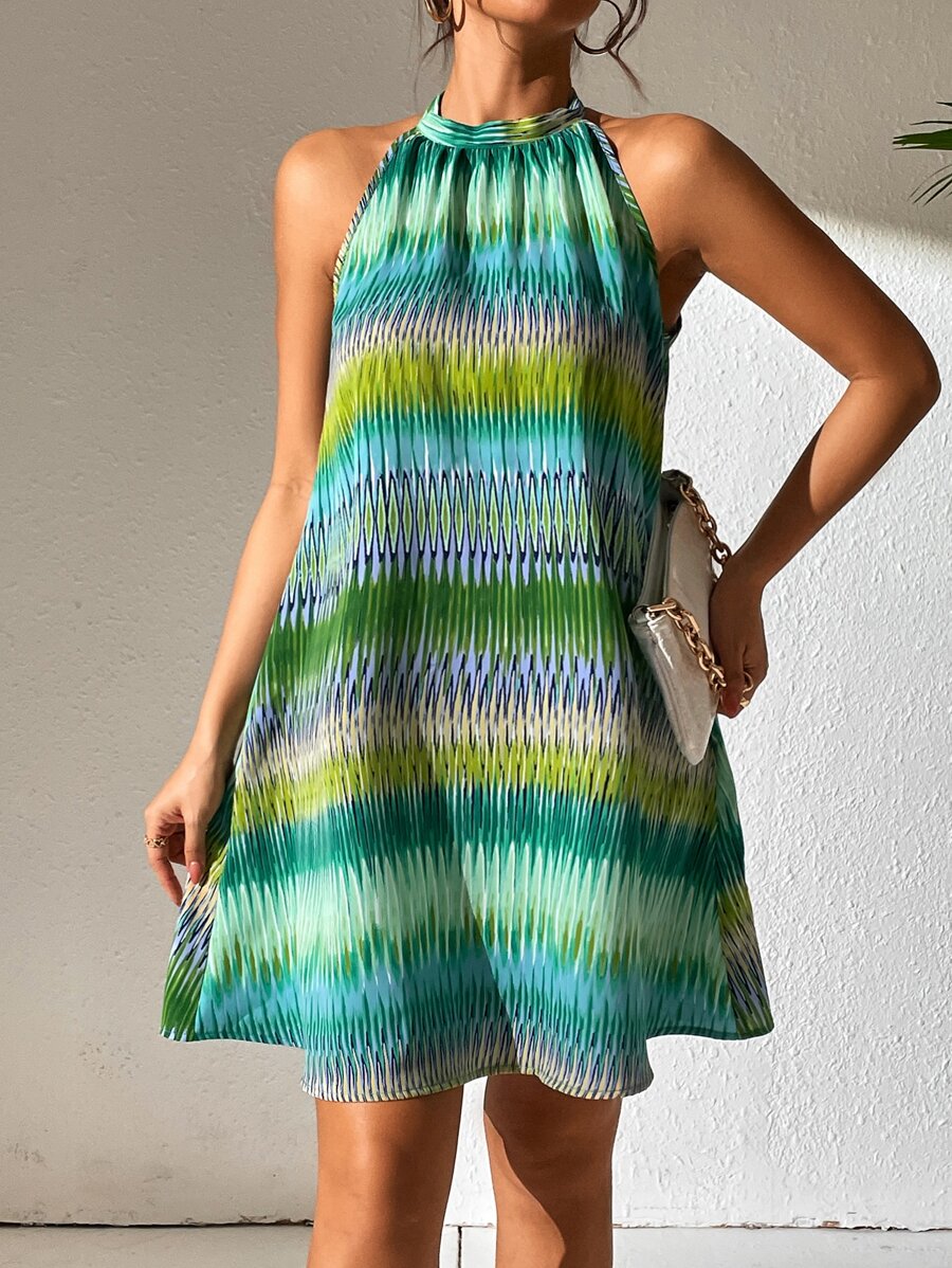 SHEIN VCAY Allover Print Tie Back Halter Dress - Multicolor - View 1