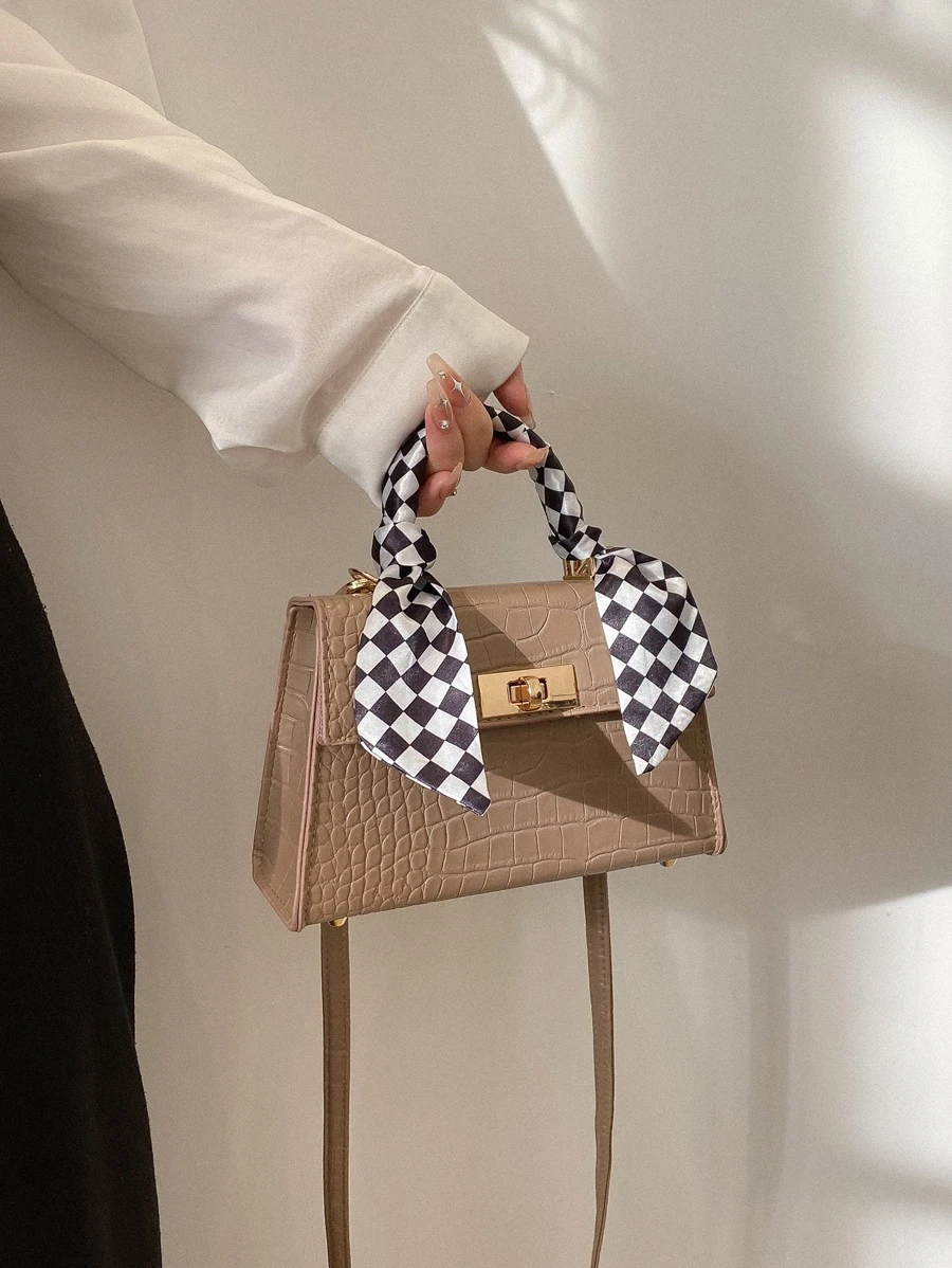 迷你巾裝飾擺蓋方形手提包,斜跨包,單肩包,極簡風格,休閒風格,純色,便攜,輕巧,帶可調節的肩帶,適用於女性,新手和白領工人,適合上班族,商務出行等場合 - 卡其色 - 查看 1