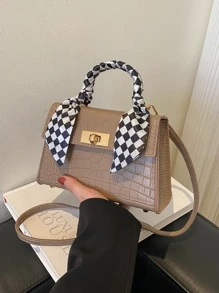 迷你巾裝飾擺蓋方形手提包,斜跨包,單肩包,極簡風格,休閒風格,純色,便攜,輕巧,帶可調節的肩帶,適用於女性,新手和白領工人,適合上班族,商務出行等場合 - 卡其色 - 查看 2