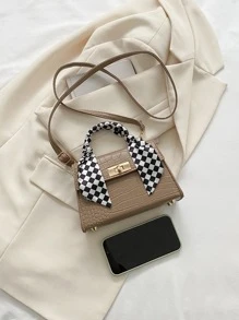 迷你巾裝飾擺蓋方形手提包,斜跨包,單肩包,極簡風格,休閒風格,純色,便攜,輕巧,帶可調節的肩帶,適用於女性,新手和白領工人,適合上班族,商務出行等場合 - 卡其色 - 查看 4