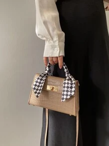 迷你巾裝飾擺蓋方形手提包,斜跨包,單肩包,極簡風格,休閒風格,純色,便攜,輕巧,帶可調節的肩帶,適用於女性,新手和白領工人,適合上班族,商務出行等場合 - 卡其色 - 查看 7