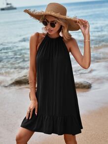 SHEIN VCAY Ruffle Hem Tie Backless Halter Dress - Black - View 5