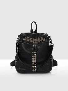 鉚釘裝飾功能背包 - 黑色 - 查看 1