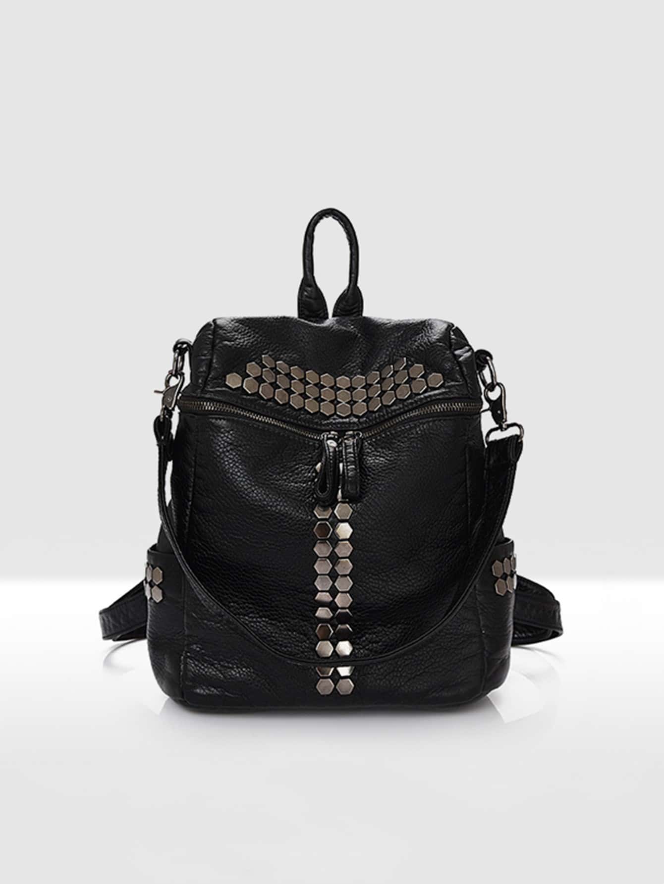 鉚釘裝飾功能背包 - 黑色 - 查看 1