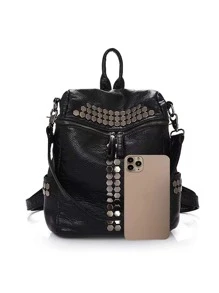 鉚釘裝飾功能背包 - 黑色 - 查看 4