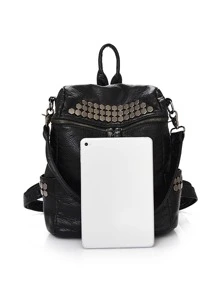 鉚釘裝飾功能背包 - 黑色 - 查看 5