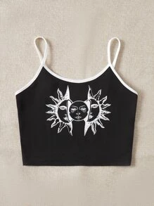 SHEIN EZwear 日月圖案撞色滾邊吊帶上衣 - 黑色 - 查看 3