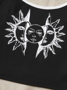 SHEIN EZwear 日月圖案撞色滾邊吊帶上衣 - 黑色 - 查看 4