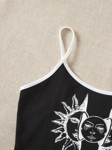 SHEIN EZwear 日月圖案撞色滾邊吊帶上衣 - 黑色 - 查看 5