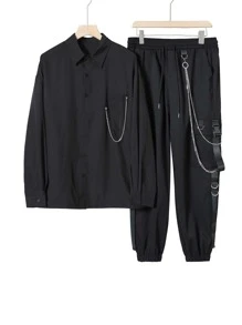 Manfinity EMRG 男士鬆身鏈子細節下肩襯衫和褲子 - 黑色 - 查看 3