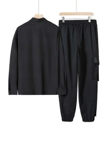 Manfinity EMRG 男士鬆身鏈子細節下肩襯衫和褲子 - 黑色 - 查看 4