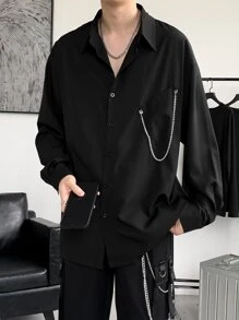 Manfinity EMRG 男士鬆身鏈子細節下肩襯衫和褲子 - 黑色 - 查看 7