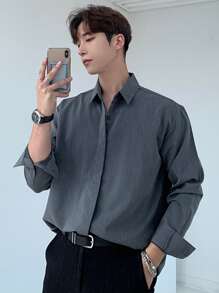 DAZY Men Cotton Solid Button Up Shirt - Dark Grey - View 1