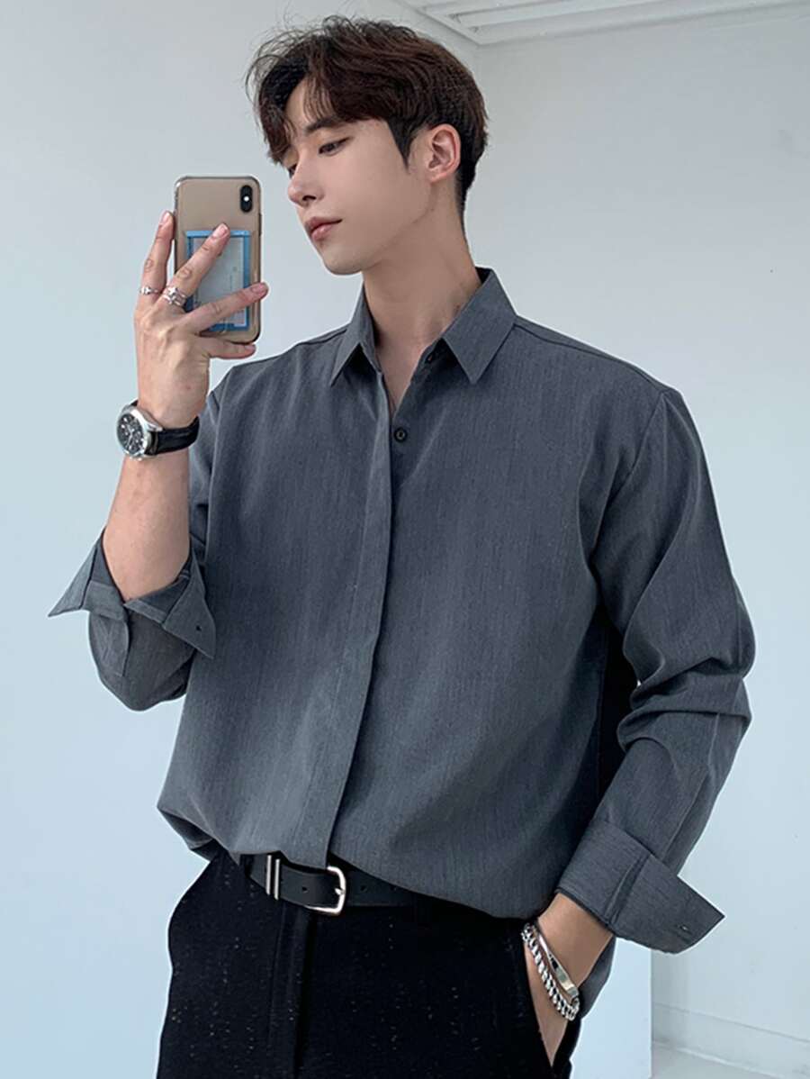 DAZY Men Cotton Solid Button Up Shirt - Dark Grey - View 1