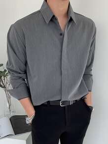 DAZY Men Cotton Solid Button Up Shirt - Dark Grey - View 2