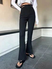 DAZY Solid Cut Out Waist Flare Leg Jeans - Black - View 5