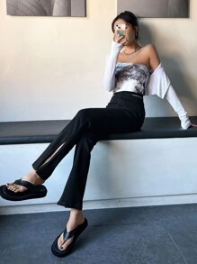 DAZY Solid Cut Out Waist Flare Leg Jeans - Black - View 7