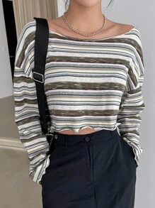 DAZY 条纹印花落肩短款 T 恤秋季上衣长袖上衣 - 彩色 - 查看 4