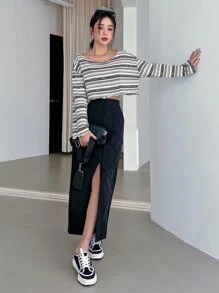 DAZY 条纹印花落肩短款 T 恤秋季上衣长袖上衣 - 彩色 - 查看 5