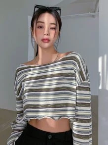 DAZY 条纹印花落肩短款 T 恤秋季上衣长袖上衣 - 彩色 - 查看 7